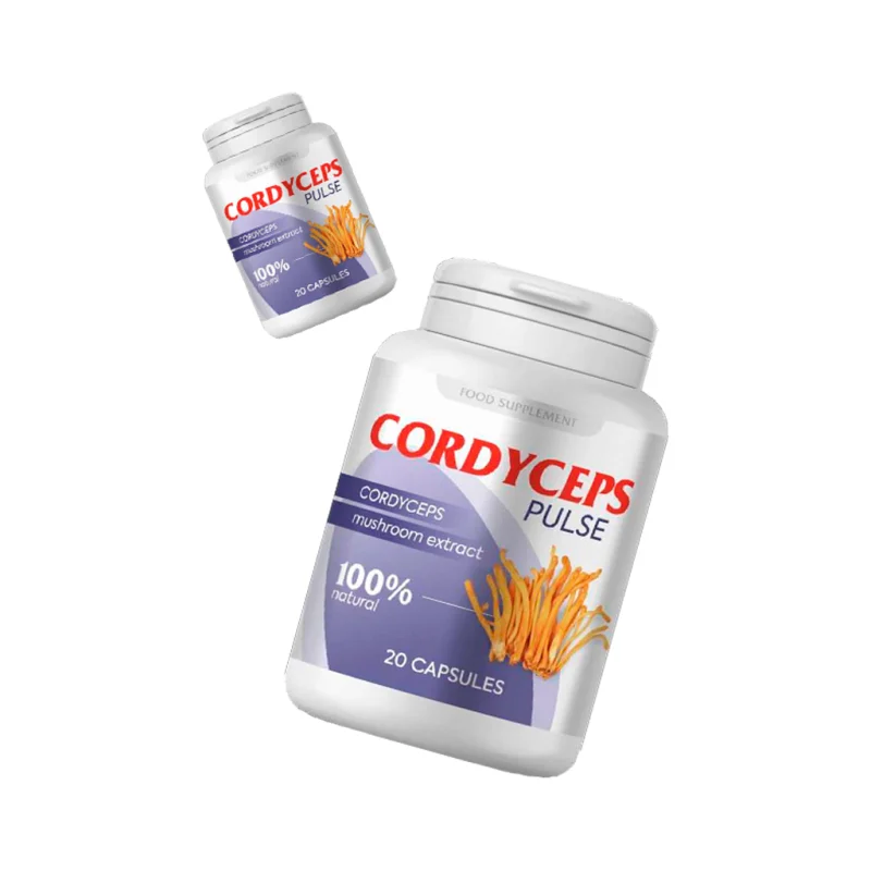 Cordyceps Pulse — balení a plechovka doplňku stravy